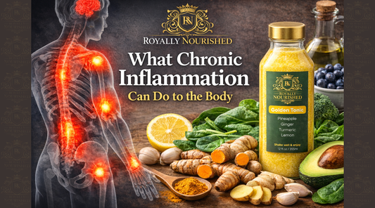 Royally Nourished Golden Tonic cold-pressed juice made with pineapple, ginger, turmeric, and lemon displayed beside fresh anti-inflammatory ingredients with an illustration showing how chronic inflammation affects the body.