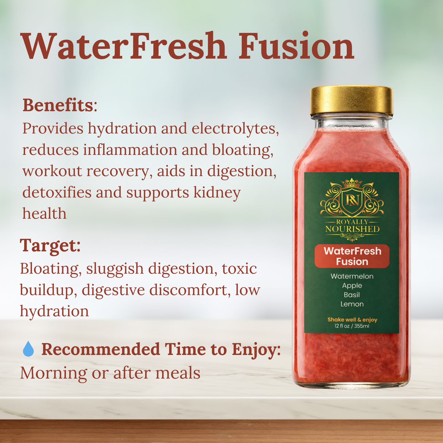 Royally Nourished WaterFresh Fusion cold-pressed juice with watermelon, apple, basil, and lemon, designed to support hydration, digestion, and reduced bloating.